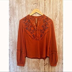 Free People Blouse Embroidered OrangeTerracotta XS